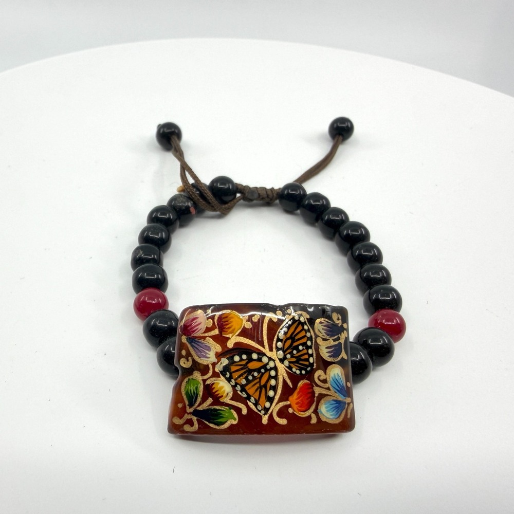 Hand Painted Butterfly Bracelet Black Red Beaded Adjustable Boho Artisan Gift